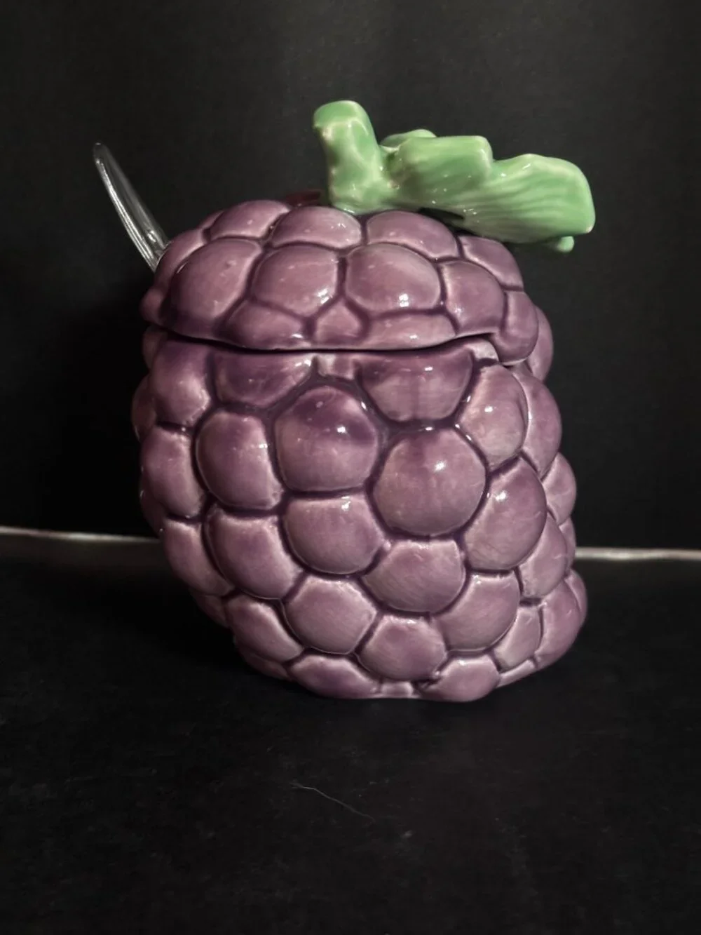 Ceramic Purple Grape Jam Sugar Jar With Lid Spoon Green Leaf Accent Vintage 80s
